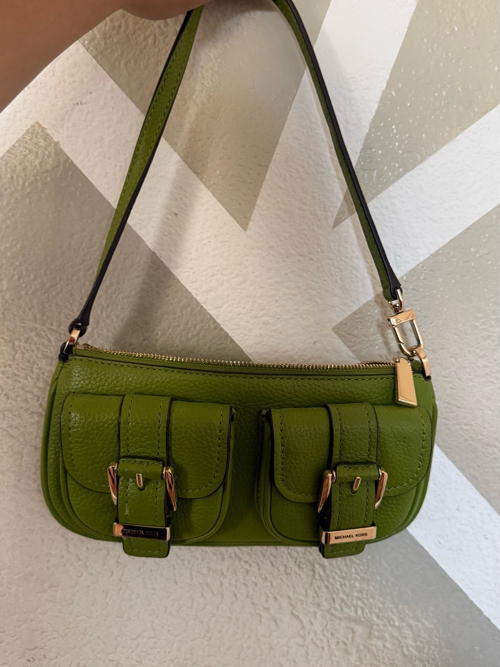 Michael Kors Olive Green Leather Shoulder Bag with Buckle Pockets
